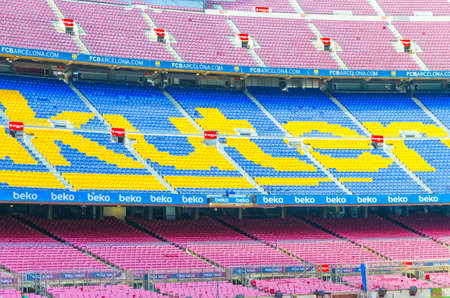 Barcelona, Spain, March 14, 2019: Close up view of multi-level tribunes stands of Camp Nou. Nou Camp is the home stadium of football club Barcelona, the largest stadium in Spain.のeditorial素材