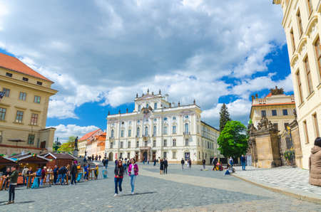 Prague, Czech Republic, May 13, 2019: Archbishop Palace on Hradcanske namesti square in Hradcany, Lesser Town Mala Strana district, Bohemiaのeditorial素材