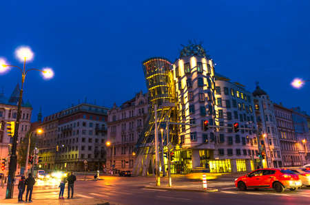Prague, Czech Republic, May 12, 2019: Dancing House observation deck evening view, Nationale Nederlanden Building, crossroads, dance blowing Ginger and Fred, Architects Vlado Milunich and Frank Garyのeditorial素材