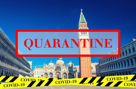Quarantine in Italy. Piazza San Marco St Mark Square in Venice. No travel and lockdown concept. Coronavirus outbreak Covid-19 pandemic concept. Canceled tourist vacation. Yellow black tape.の写真素材