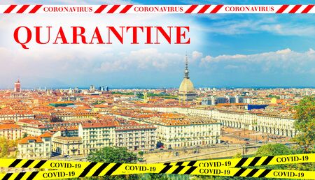 Quarantine in Italy. Aerial top panoramic view of Turin city center. No travel and lockdown concept. Coronavirus outbreak Covid-19 pandemic concept. Canceled tourist vacation. Yellow black tape.の写真素材