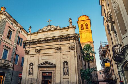 Chiesa Parrocchia di San Daniele Martire catholic church building with brick tower in Padua historical city centre, twilight evening view, Padova town, Veneto Region, Italyの写真素材