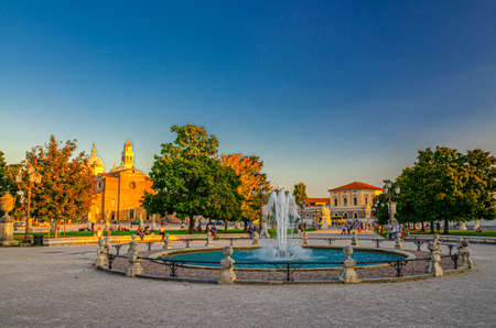 Padua, Italy, September 12, 2019: cityscape with fountain on Piazza Prato della Valle square in...