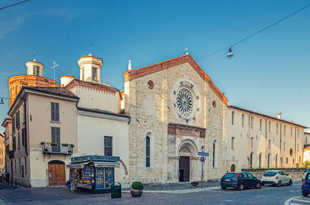 Brescia, Italy, September 11, 2019: Chiesa di San Francesco dAssisi Roman catholic church Romanesque-Gothic style building and Franciscan monastery, historical city centre, Italian churches, Lombardyのeditorial素材