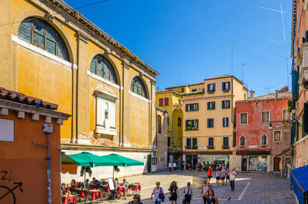 Venice, Italy, September 13, 2019: Campo San Cassiano square with Chiesa di San Cassiano catholic church building in historical city centre sestiere of San Polo, blue sky background, Veneto Regionのeditorial素材