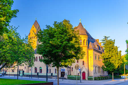 Koblenz, Germany, August 23, 2019: Court of Appeal Oberlandesgericht Rhineland Palatinate building with clock tower in historical city centre, twilight evening view, Rhineland-Palatinate stateのeditorial素材