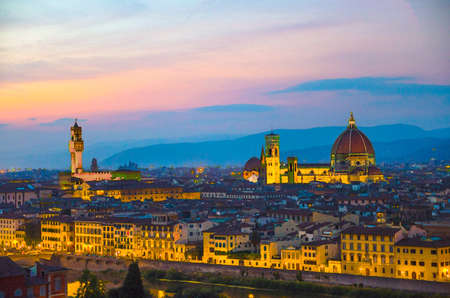 Watercolor drawing of Top aerial panoramic evening view of Florence city with Duomo Cattedrale di Santa Maria del Fiore cathedral at night dusk twilight, city lights, blue sky, Tuscany, Italyの写真素材