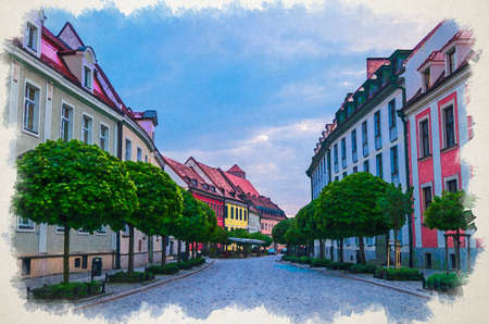 Watercolor drawing of Cobblestone street road with colorful multicolored buildings and green trees in old town historical city center, evening view, Ostrow Tumski, Wroclaw, Polandの写真素材