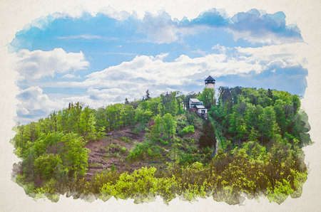 Watercolor drawing of Diana Observation Tower Rozhledna Diana and funicular on hill above Slavkov Forest with green trees and Karlovy Vary Carlsbad town, blue sky white clouds, Czech Republicの写真素材