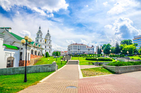 Upper Town Minsk with Holy Spirit Cathedral Orthodox Church Baroque style building and staircase in historical city centre, blue sky white clouds in sunny summer day, Republic of Belarusの写真素材