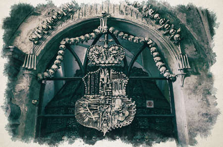 Watercolor drawing of Royal coat of arms made of human bones and skulls with pile of skulls...