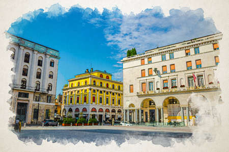 Watercolor drawing of Brescia, Italy: Assicurazioni Generali building on Piazza della Vittoria Victory Square with Art Deco architecture Rationalism style buildings, historical city center, Lombardyの写真素材