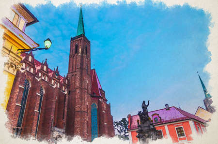 Watercolor drawing of Monument and street light on square and Collegiate catholic Church of Holy Cross with spire in old historical city center Ostrow Tumski, evening view, Wroclaw, Polandの写真素材