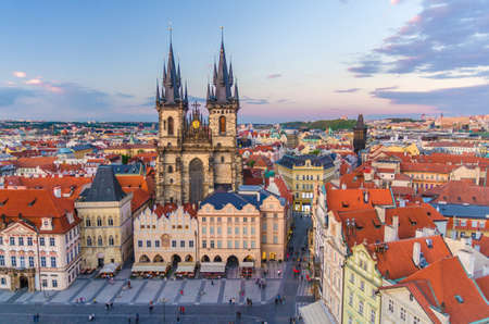 Top aerial view of Prague Old Town Square Stare Mesto historical city centre. Former market square. Stone Bell House, Gothic Church of Our Lady before Tyn, evening view. Bohemia, Czech Republicの写真素材