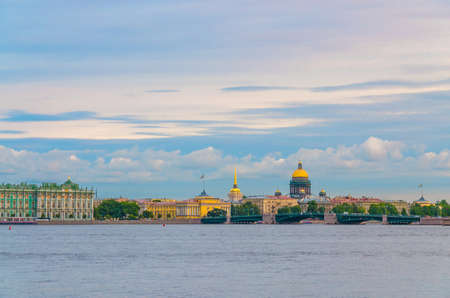 Cityscape of Saint Petersburg Leningrad with Winter Palace, State Hermitage Museum, Admiralty building, Palace Bridge bascule across Neva river, Saint Isaac's Cathedral, Russiaのeditorial素材