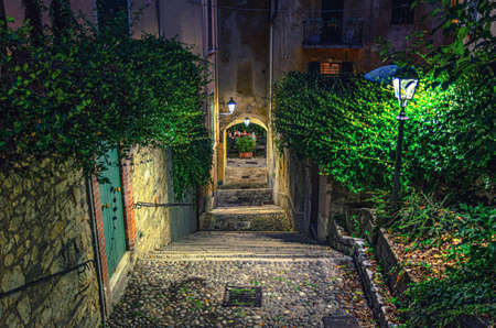 Cobblestone staircase with stairs, green trees and bushes, street lights between stone walls in Brescia city historical center, night evening view, Lombardy, Northern Italyの写真素材