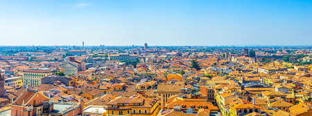 Aerial panoramic view of Verona city historical center Citta Antica with red tiled roof buildings....