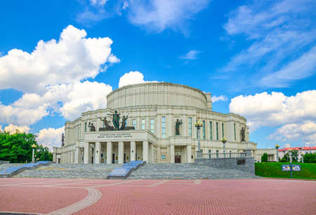 Minsk, Belarus, July 26, 2020: The National Academic Grand Opera and Ballet Theater building in park in Trinity Hill district of historical city center, blue sky white clouds in sunny summer dayのeditorial素材