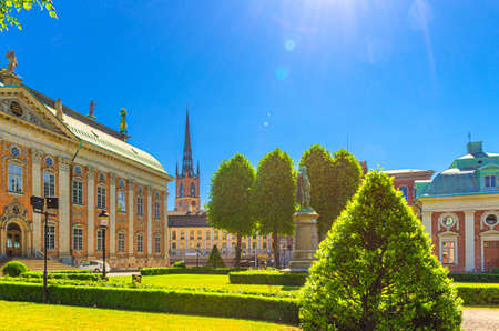 Cityscape of Stockholm historical city center with The House of Nobility or Riddarhuset in Gamla Stan old town and spire of Riddarholmen island Churchのeditorial素材