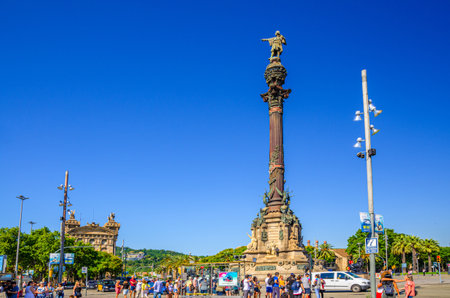 Barcelona, Spain, June 11, 2017: Columbus Monument to Christopher Columbus at lower end of La Rambla on embankment near port, blue sky background, Cataloniaのeditorial素材