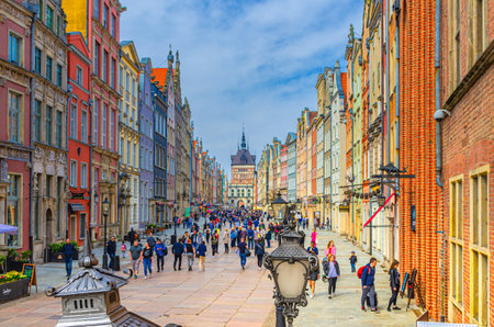 Gdansk, Poland, April 17, 2018: Golden gate Zlota Brama, Prison Tower, typical colorful houses...
