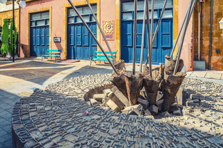 Nicosia, Cyprus, September 24, 2017: civil rights stone monument in Ledra street near border passport control checkpoint Crossing Point in historical city centerのeditorial素材