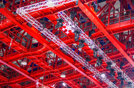 Minsk, Belarus, May 17, 2014: red and white colored metal construction wih snowflake under roof of ice arenaのeditorial素材