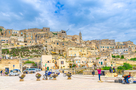 Matera, Italy - May 6, 2018: Matera town historical center Sasso Caveoso with stone buildings and houses in rocks, Basilicataのeditorial素材