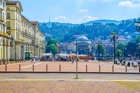 Turin, Italy, September 10, 2018: Piazza Vittorio Veneto main square of Torino city, street lamp,...