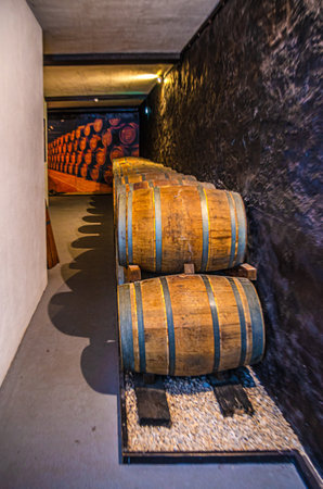 Porto, Portugal, June 23, 2017: wine barrel in basement cellar of winery