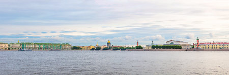 Watercolor drawing of Panorama of Saint Petersburg with Winter Palace, State Hermitage Museum, Palace Bridge across Neva river, Saint Isaac's Cathedral, Strelka Arrow of Vasilyevsky Island, Russiaの写真素材