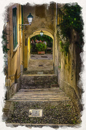 Watercolor drawing of Cobblestone staircase with stairs, green trees and bushes, street lights between stone walls in Brescia city historical centre, evening vertical view, Lombardy, Northern Italyの写真素材