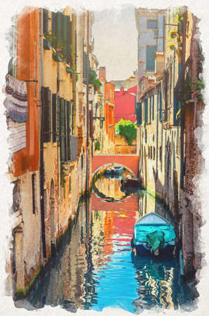 Watercolor drawing of Venice cityscape with narrow water canal with boats moored between brick walls of old buildings and stone bridge, Veneto Region, Italy. Typical Venetian view, vertical viewの写真素材