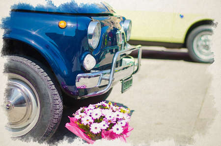 Watercolor drawing of front left side view of vintage classic retro blue automobile car with bunch of flowers parked in a street of Lecce city, Puglia Apulia region, Southern Italyの写真素材