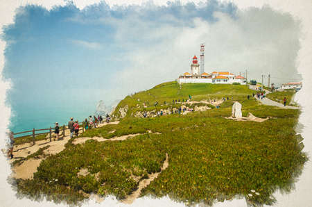 Watercolor drawing of Cape Roca Cabo da Roca - westernmost point of Europe and Eurasia in Portugal near Sintraの写真素材