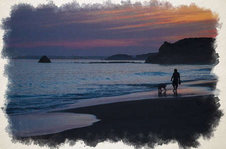Watercolor drawing of beache of Portimao Algarve, Praia da Rocha, sunset over The Atlantic Ocean, Silhouette of man and dog on coast of evening Atlantic ocean, the most beautiful beaches of Portugalの写真素材