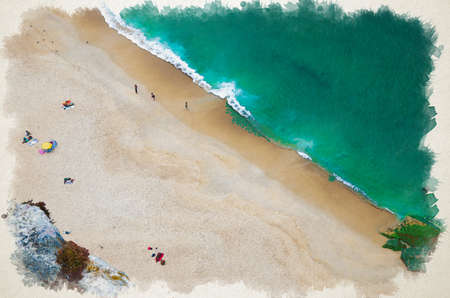 Watercolor drawing of Nazare coastline top view, white sand of beache of Portugal, stone cliffs above ocean, blue water of Atlantica, people on ocean beach view from aboveの写真素材