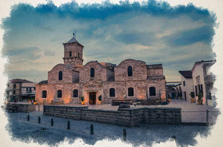 Watercolor drawing of Orthodox Church of Saint Lazarus Agios Lazaros on the central square in the...