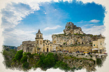 Watercolor drawing of Church Chiesa San Pietro Caveoso and rock church Santa Maria De Idris near...