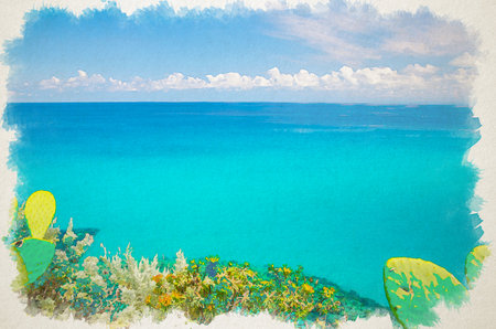 Watercolor drawing of Aerial view of beautiful amazing Tyrrhenian sea with turquoise water, tropical seascape, endless horizon with blue sky, cactus in foregrond, Tropea, Calabria, Southern Italyの写真素材