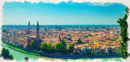 Watercolor drawing of Panorama of Verona historical city centre, bridges across Adige river, Basilica di Santa Anastasia, medieval buildings with red tiled roofs, Italy. Panoramic view of Veronaの写真素材