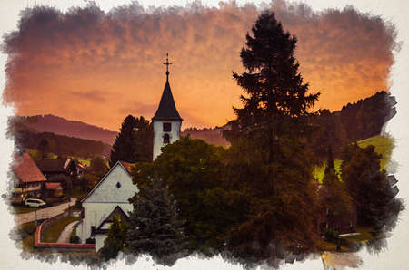 Watercolor drawing of Roofs of a small village settlement Bolsternang with church and farmhouses in south Germany Baden-Wurttemberg in Alps at sunset dusk twilight night evening..の写真素材