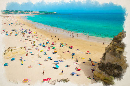 Watercolor drawing of Portimao Praia de Rocha beach with tourists and colourful umbrellas, Algarve, Portugalの写真素材