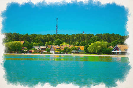 Watercolor drawing of Small fishing village Nida with traditional houses on the shore of lagoon in National Park Kursiu nerija, the Curonian Spit, Baltic sea, Lithuaniaの写真素材