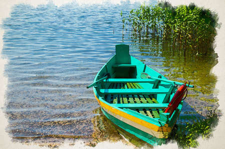 Watercolor drawing of Colourful green fishing boat with paddles on grasses reeds shore of lake Galve near Trakai Island Castle, Lithuaniaの写真素材