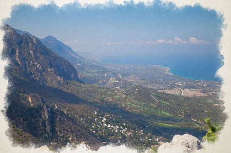 Watercolor drawing of View of Kyrenia Girne mountains from medieval Saint Hilarion Castle in front of blue sky with white clouds and Mediterranean sea, Northern Cyprusの写真素材