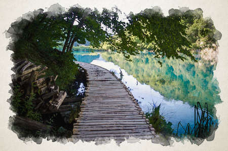 Watercolor drawing of Wooden path boardwalk bridge on the blue colored water lake, National park Plitvice Lakes, Croatia, Europeの写真素材
