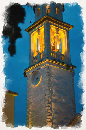 Watercolor drawing of Night evening view of chapel bell tower of Saint Ivan church, Budva, Montenegroの写真素材