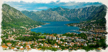 Watercolor drawing of Top view of Boka Kotor bay and Old Town Kotor from Lovcen Mountain in front of Dinaric Alps mountains range, Montenegroの写真素材