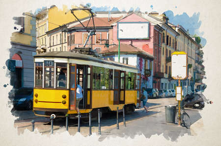 Watercolor drawing of Milan: people is getting enter old yellow traditional tram on street with colorful multicolored buildings in beautiful summer dayの写真素材